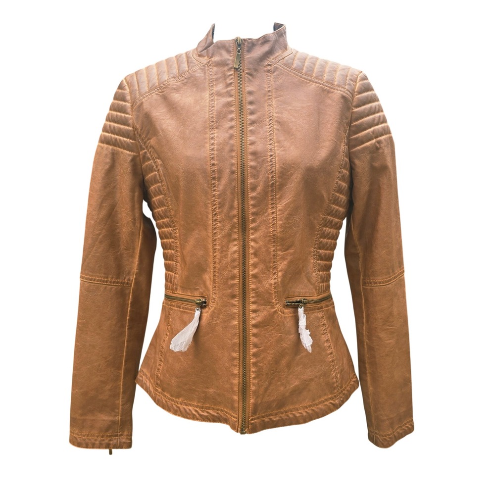 Max Edition  NWOT Womens Brown Faux Leather‎ Quilted Moto Jacket Size Medium